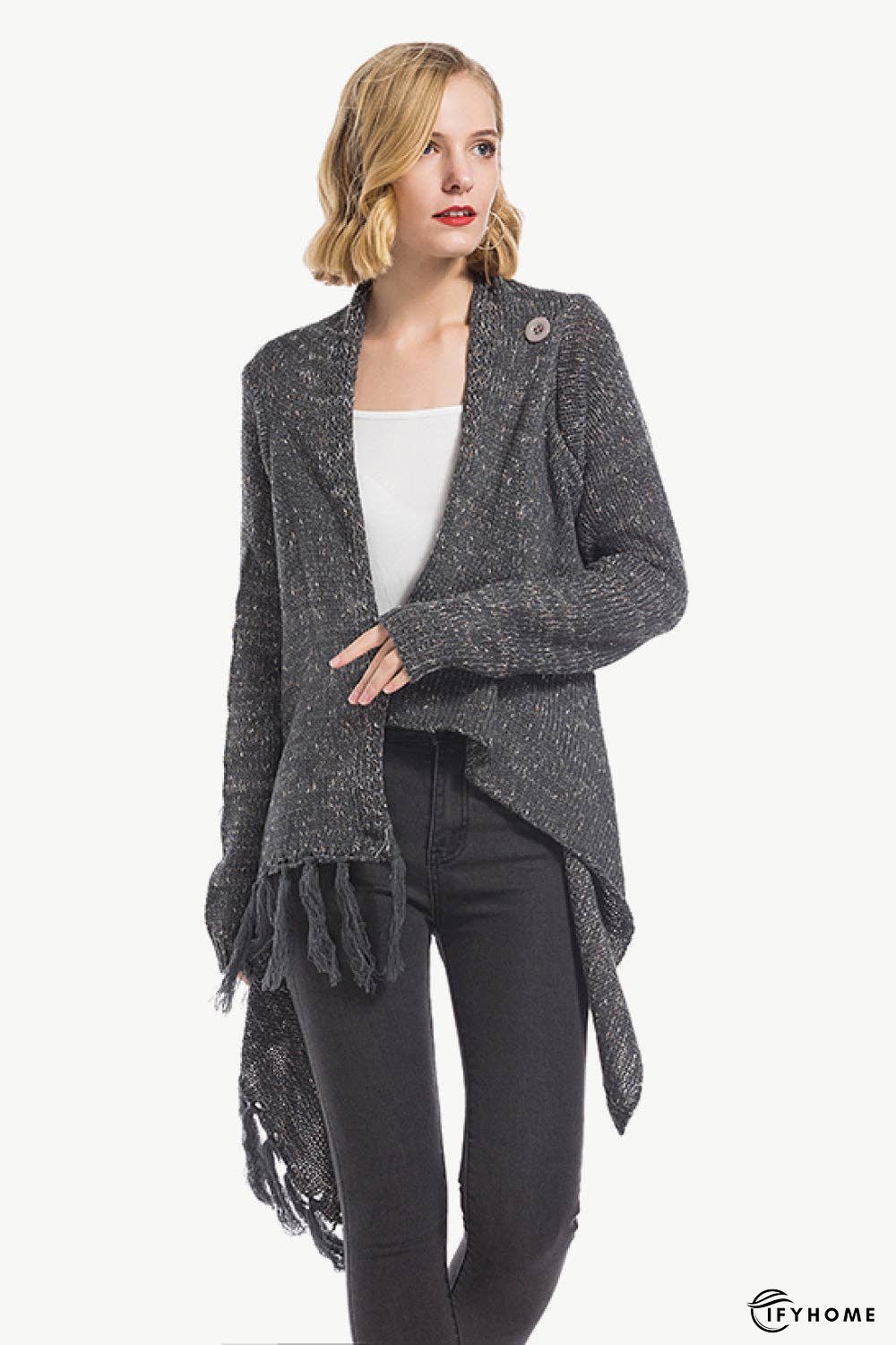 One-Button Tassel Tie Asymmetrical Hem Cardigan | IFYHOME