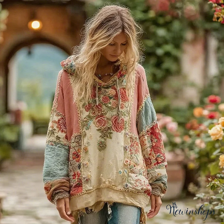 Women's Bohemian Floral Panel Cozy Warm Hoodie