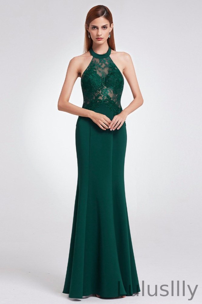Elegant Green Halter Lace Evening Gowns Mermaid Sleeveless Plus Size Prom Dress - lulusllly