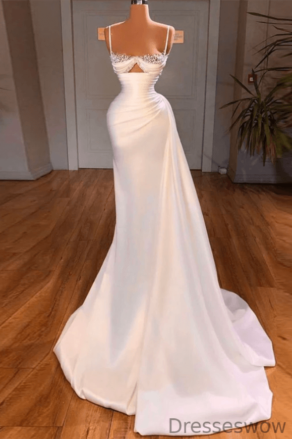 Dresseswow White Spaghetti-Straps Sleeveless Mermaid Evening Gowns With Beads