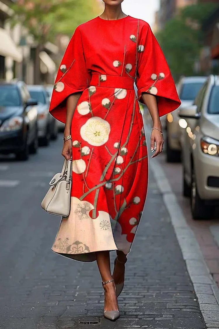 Women's Japanese Plum Art Print Midi Dress