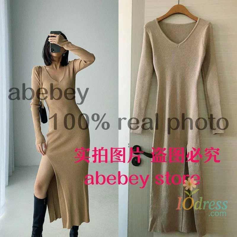 IO Dress New spring and winter sexy French slit sweater dress female slim tight-fitting hip-knit over-the-knee dresses