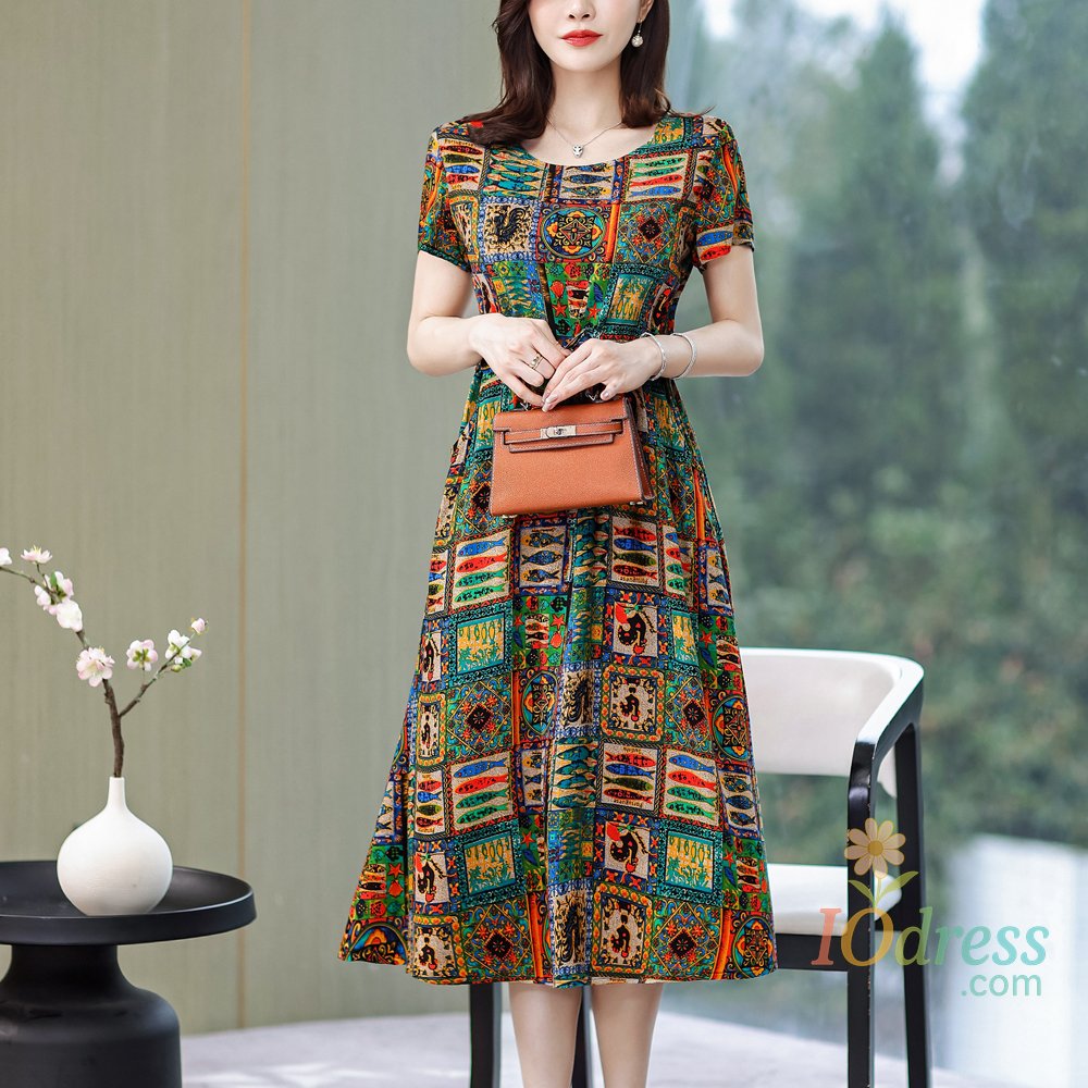 IO Dress New Fashion Casual&nbsp;2025 Summer Vintage Dresses O-Neck Print Floral Elegant Party Dress For Women Slim Plus Size Women Clothing