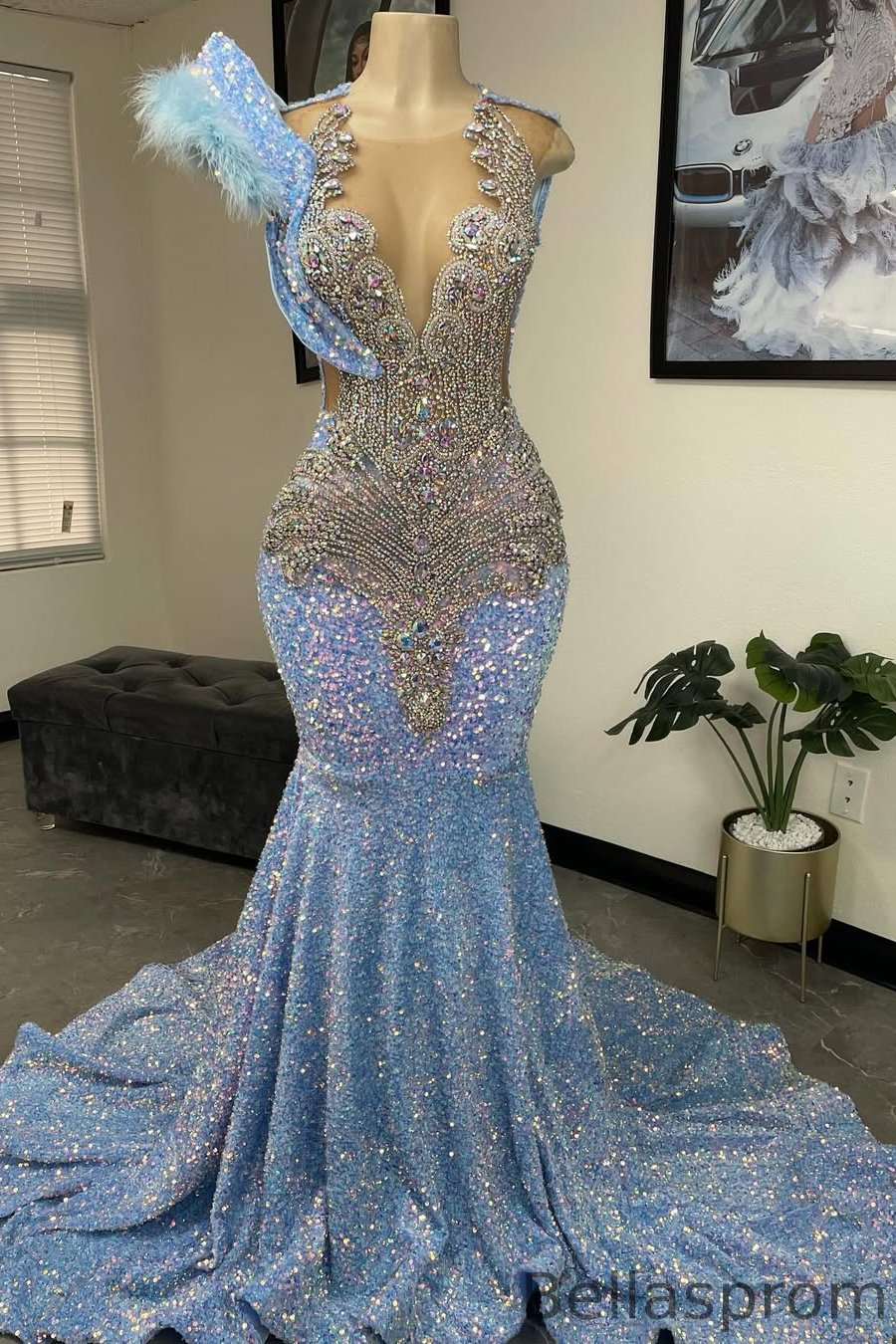 Bellasprom Sky Blue Sequins Prom Dress Mermaid Long With Beadings Feather Bellasprom