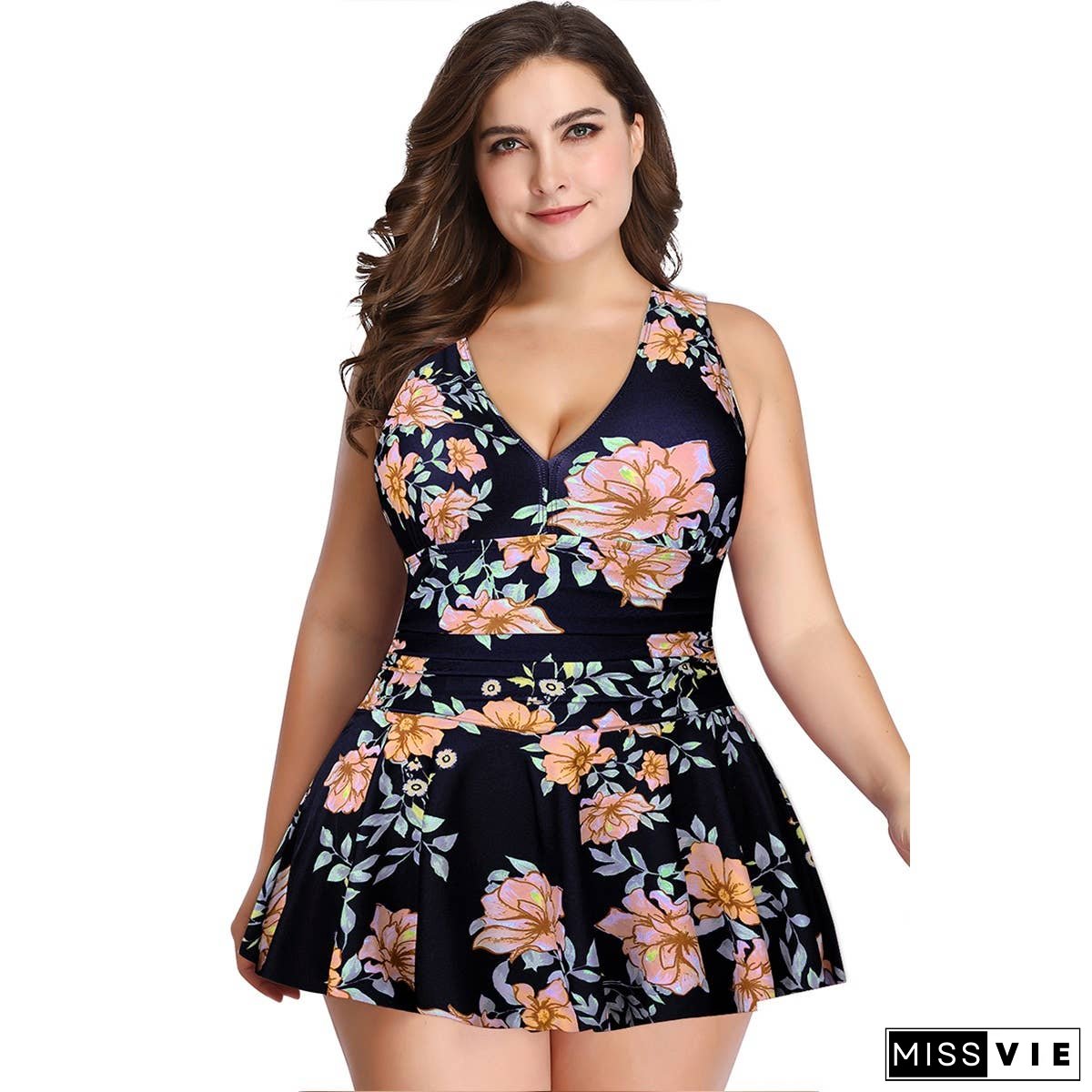 Plus Size Solid Ruffle V Neck Fit Swimsuits