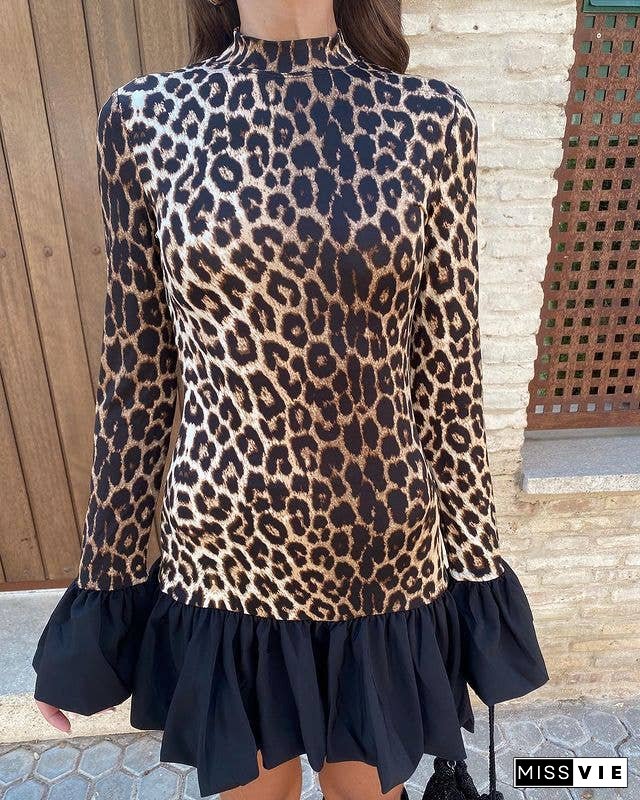 Leopard Print Panelled Flared Sleeve Slim Mini Dress