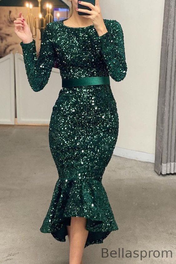 Bellasprom Emerlad Green Evening Dress Mermaid Sequins Long Sleevs Bellasprom