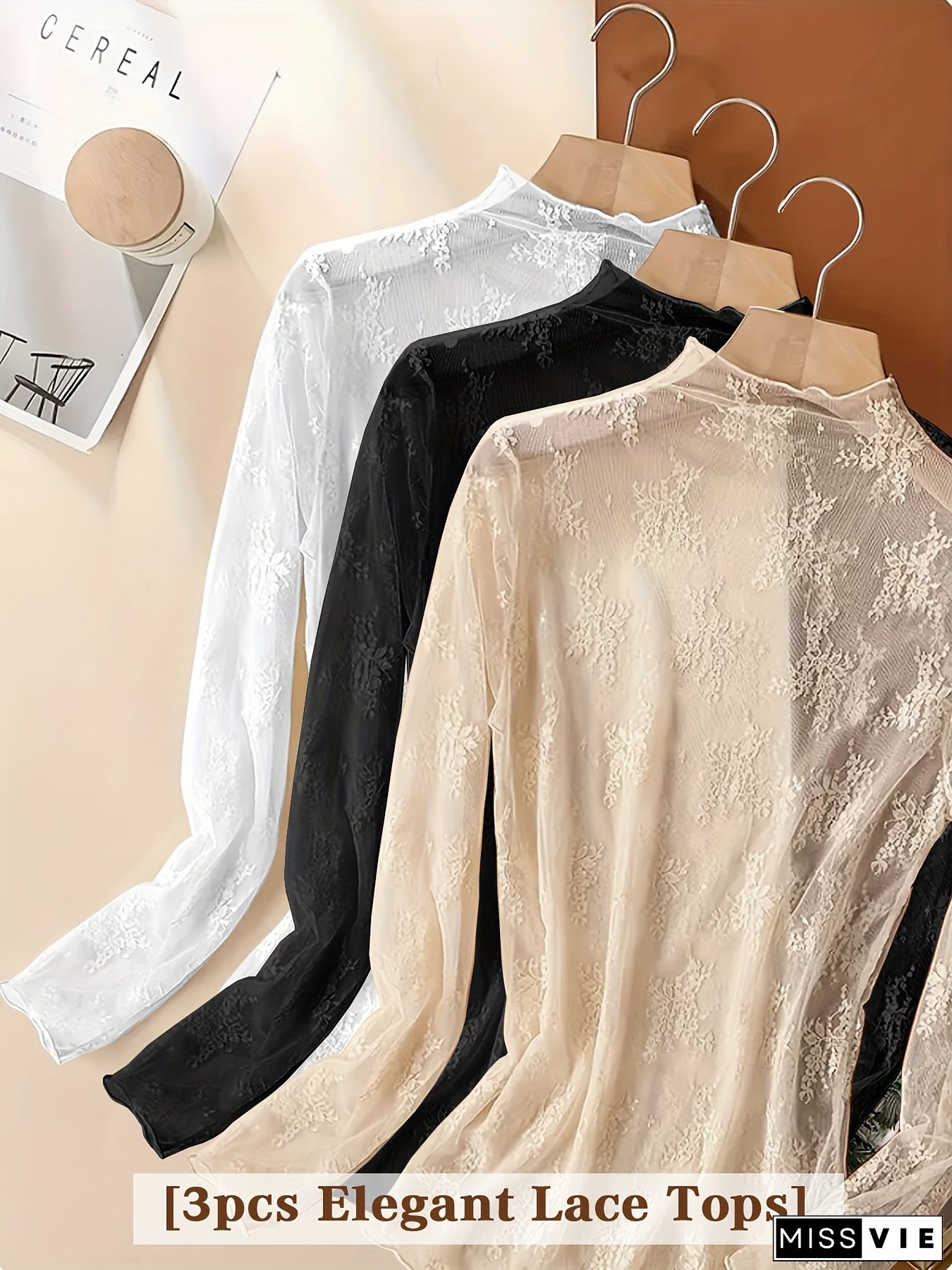 3pcs Elegant Lace Tops Semi-Sheer and Intimate High Stretch Fabric Cloudlike Mist