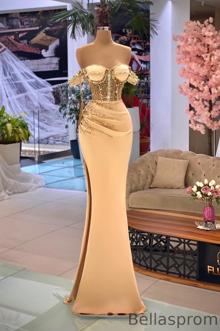 Bellasprom Champagne Sweetheart Off-the-Shoulder Mermaid Prom Dress With Split Beadings Bellasprom