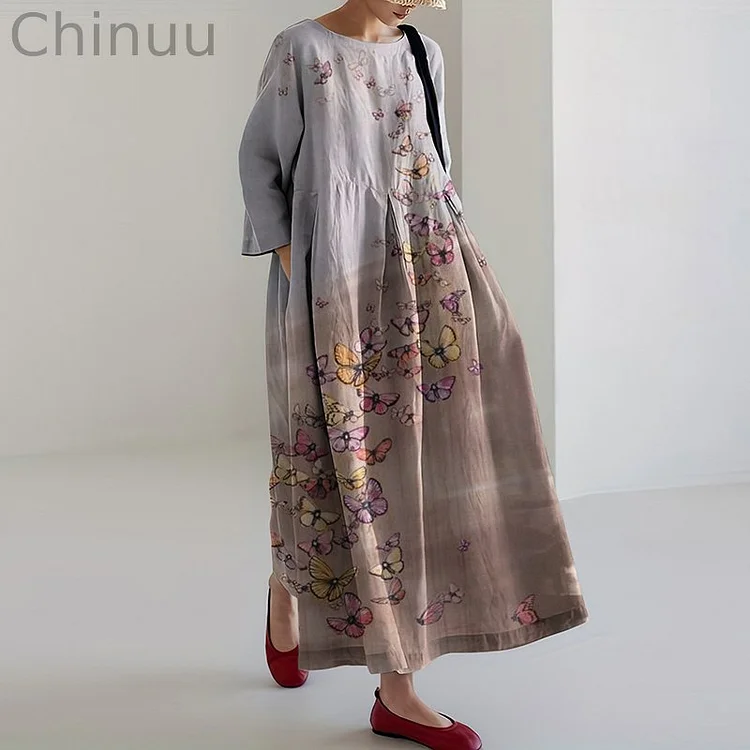Women‘s Farm Butterfly Linen Blend Maxi Dress