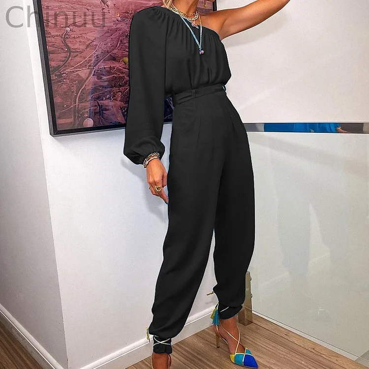 Solid ColorOne-shoulder Top Casual Two-piece Set