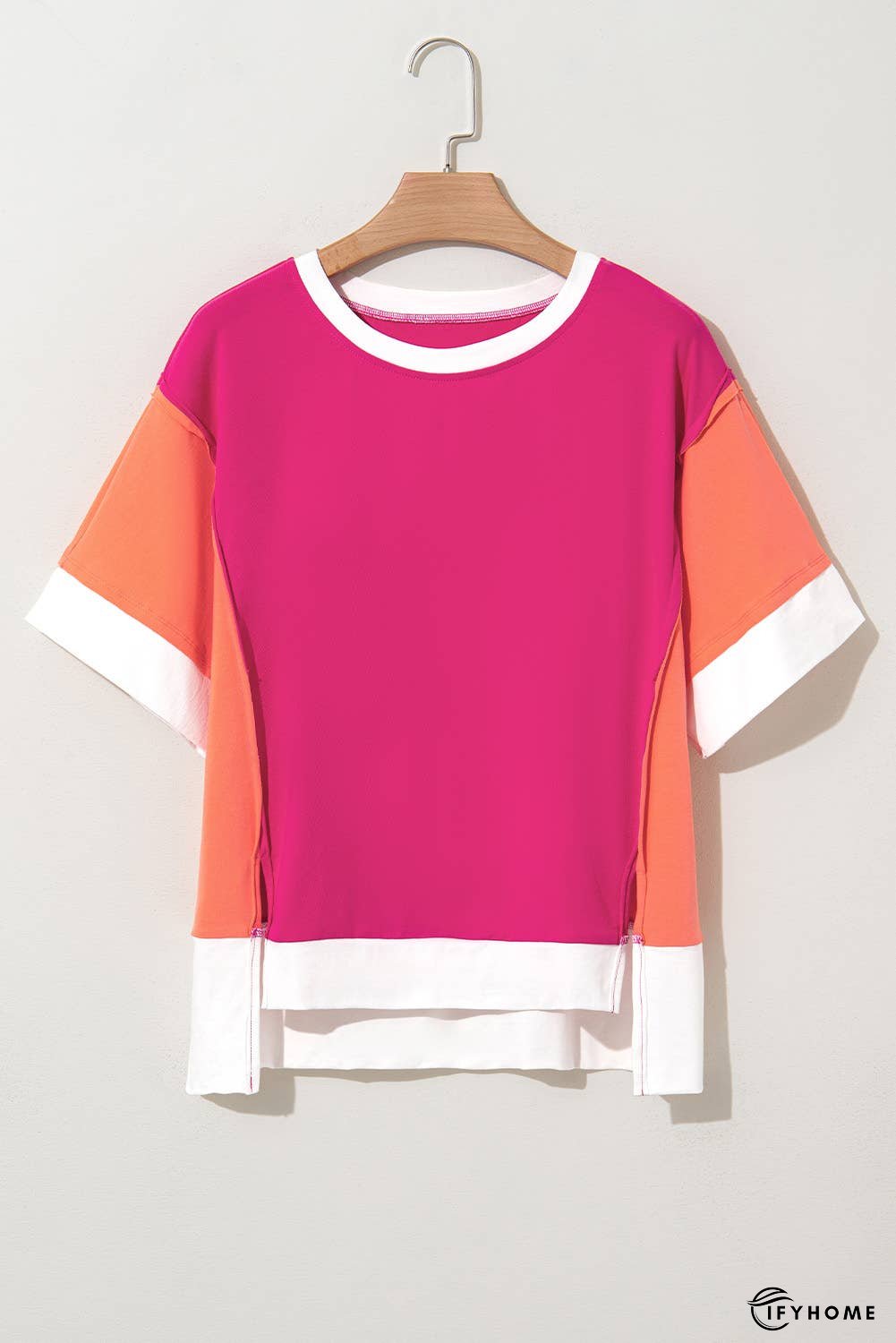 Color Block Patchwork Side Slits Loose Fit T Shirt | IFYHOME