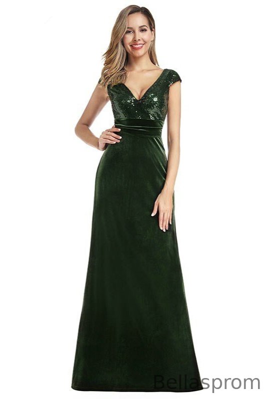 Bellasprom Green Cap Sleeve Evening Gowns Mermaid V-Neck Prom Dresses Sequins Bellasprom