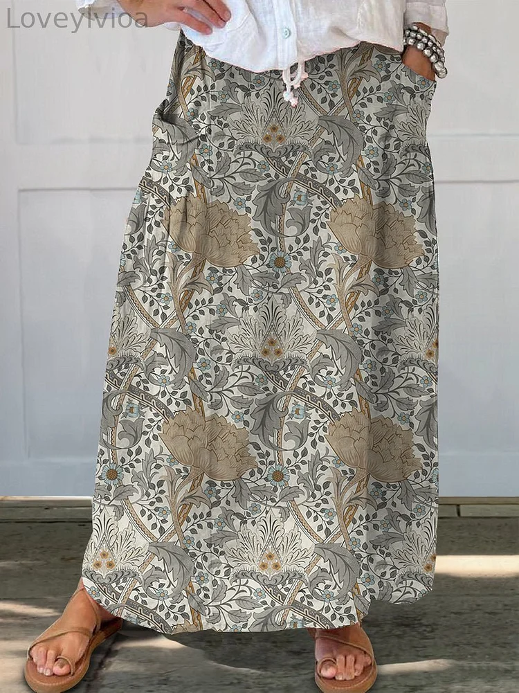 Women's Floral Art Nouveau Linen Pocket Skirt