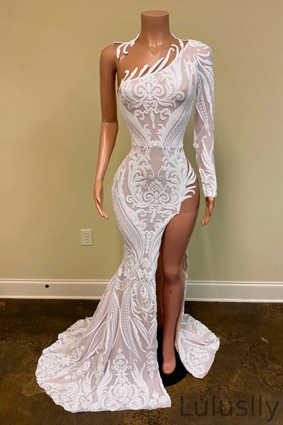 Luluslly One Shoulder Long Sleeves Mermaid Prom Dress With Slit Sequins Lace