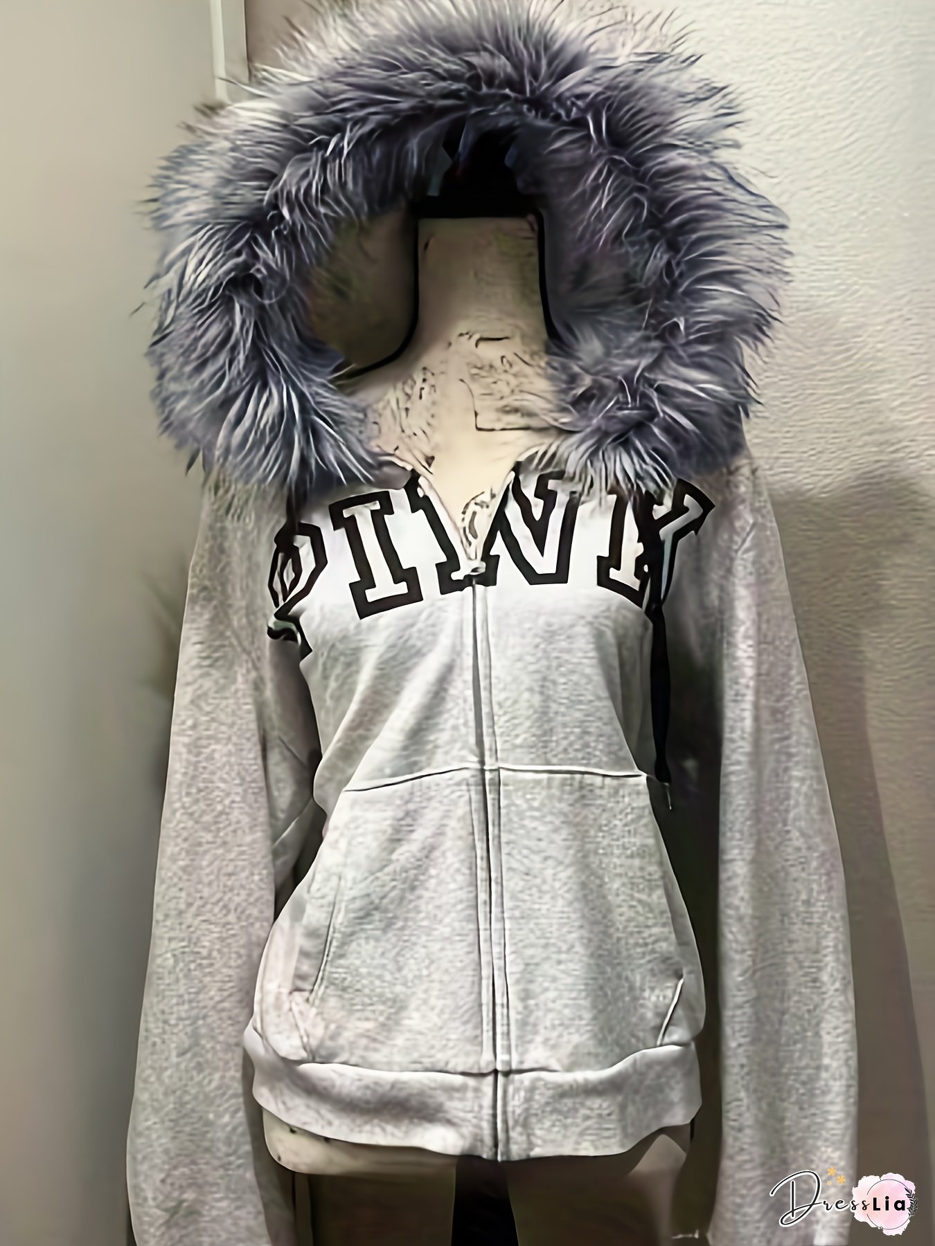 Women&lsquo;s Y2K Retro Jacket - Full-Zip Hooded Coat with Fur-like Trim, Oversized Streetwear Outerwear for Spring/Fall, Non-Realistic Fur-like Texture, Casual Outfits & Themed Events, Fall Fashion, Bold Lettering, Durable Fabric, Statement Piece