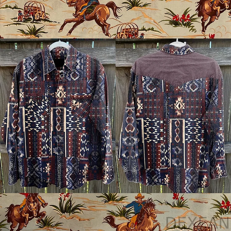 Aztec Western Totem Shirt Vintage Stripe Print Casual Shirt