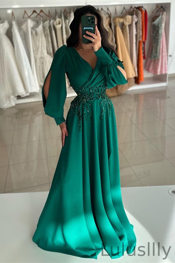 New Arrival Emerald Green Long Sleeves Evening Gown A-Line With Beads V-Neck - lulusllly
