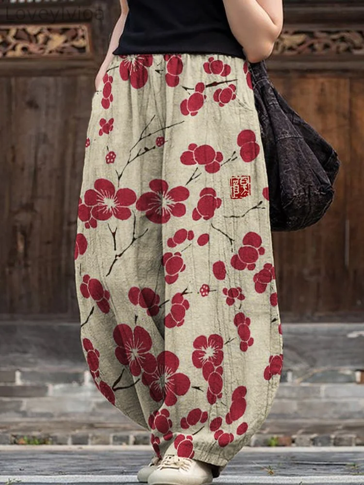 Cherry Blossom Japanese Lino Art Flowy Wide Leg Pants