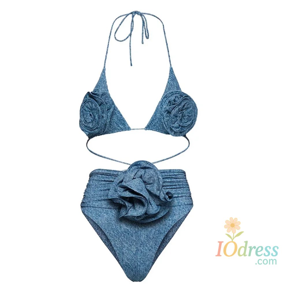 IO Dress New 2-Piece Swimsuit Lace Bra Set Women 3D Flower Decor Underwear Set Transparent Khaki Panty Set Swimwear Beach Bathing Suit
