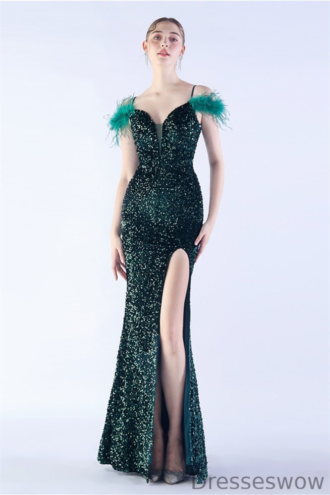 Dresseswow Off-the-Shoulder Sequins Feather Evening Dress Mermaid V-Neck Split