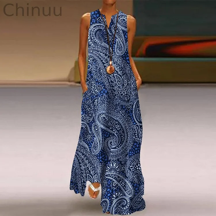 Vintage Ethnic Paisley Aztec Geometric Pattern Flowy Maxi Dress