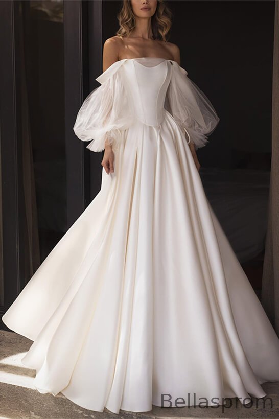 Bellasprom Off-the-Shoulder Long Sleeves A-Line Wedding Dress Satin On Sale Bellasprom