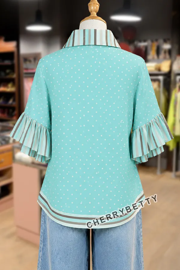 トップス 2way Sleeve Dot Ruffle Blouse Casual Polka Dot Print Striped Collar Ruffle Sleeve Blouse