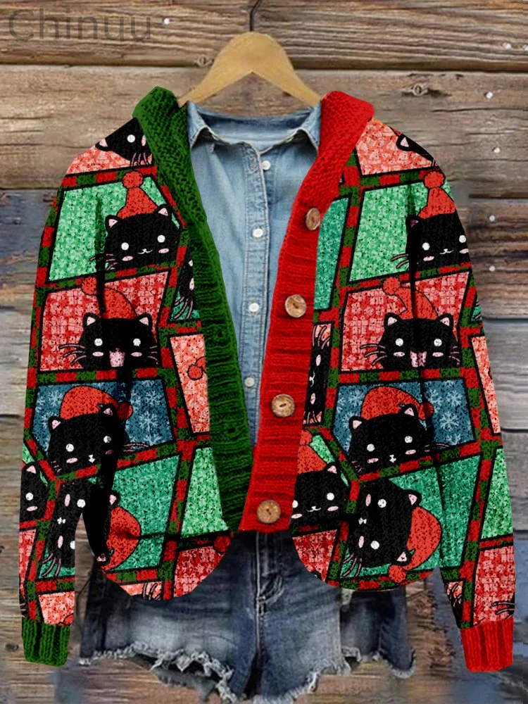 Christmas Cat in Santa Hat Cozy Hooded Cardigan