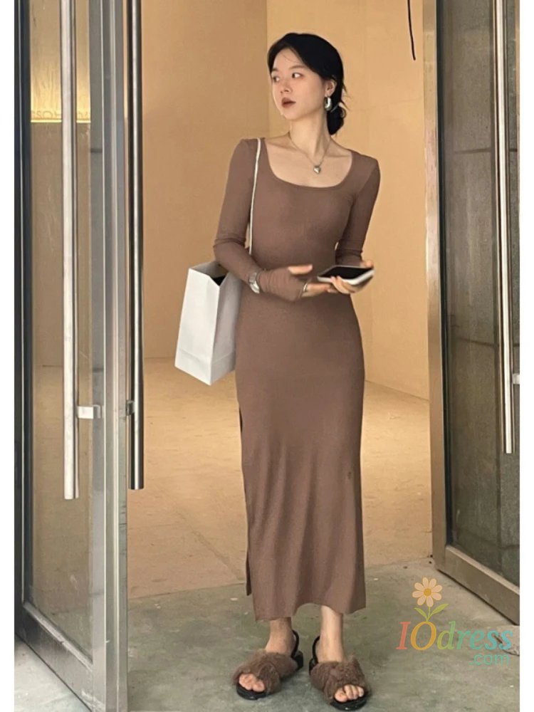 IO Dress Y2k Women Bodycon Dress High Waist Slim Fit Long Sleeve Dress Hip Wrap Slit Maxi Dresses New Simplicity Fashion Female Clothing