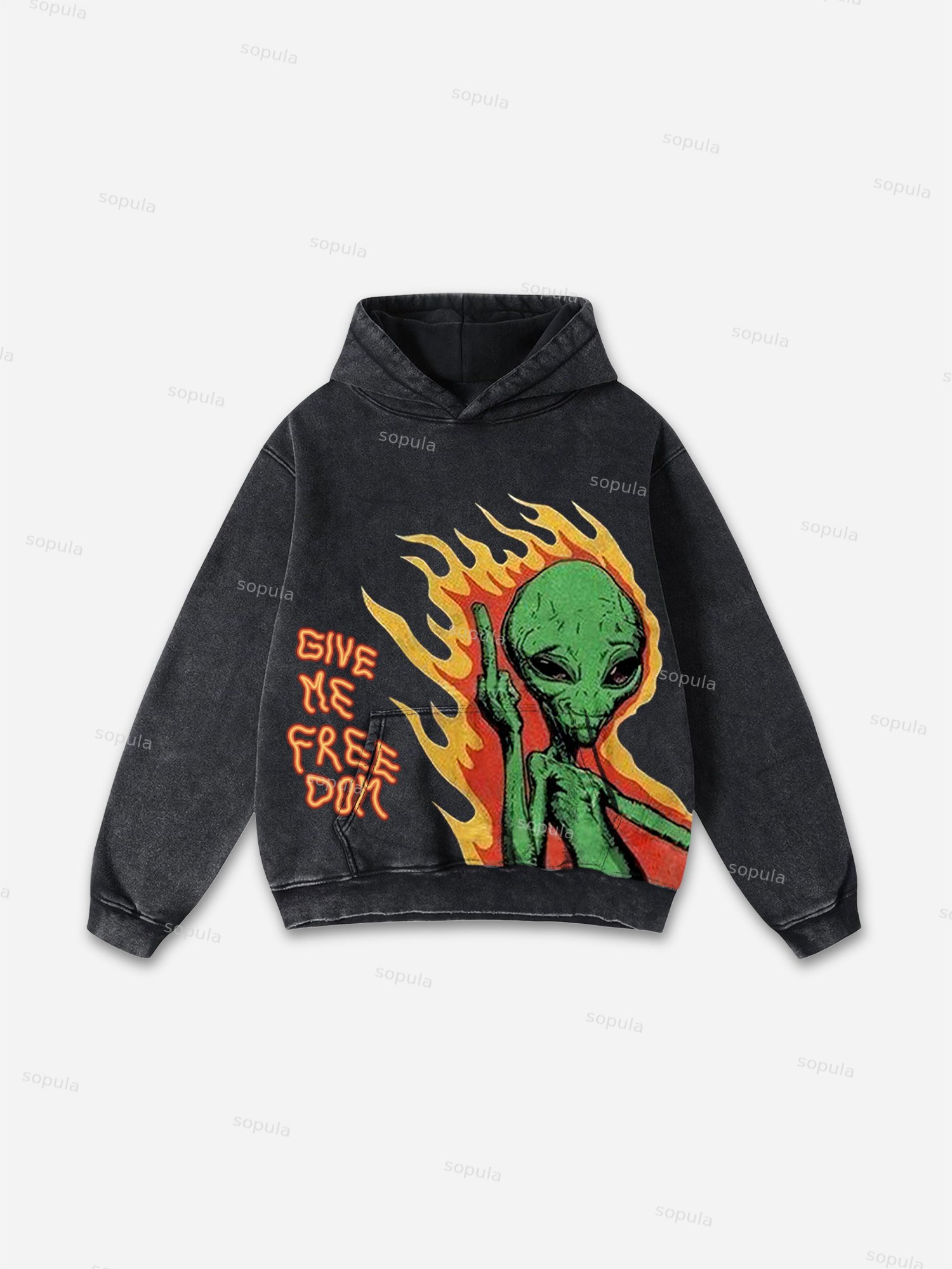 Sopula Relaxed Vintage Alien Print Graphic Casual Street Washed Hoodie