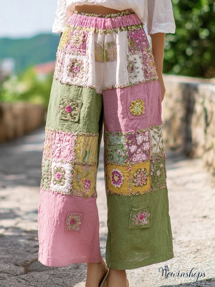 Boho Floral Embroidered Patchwork Comfy Linen Pants