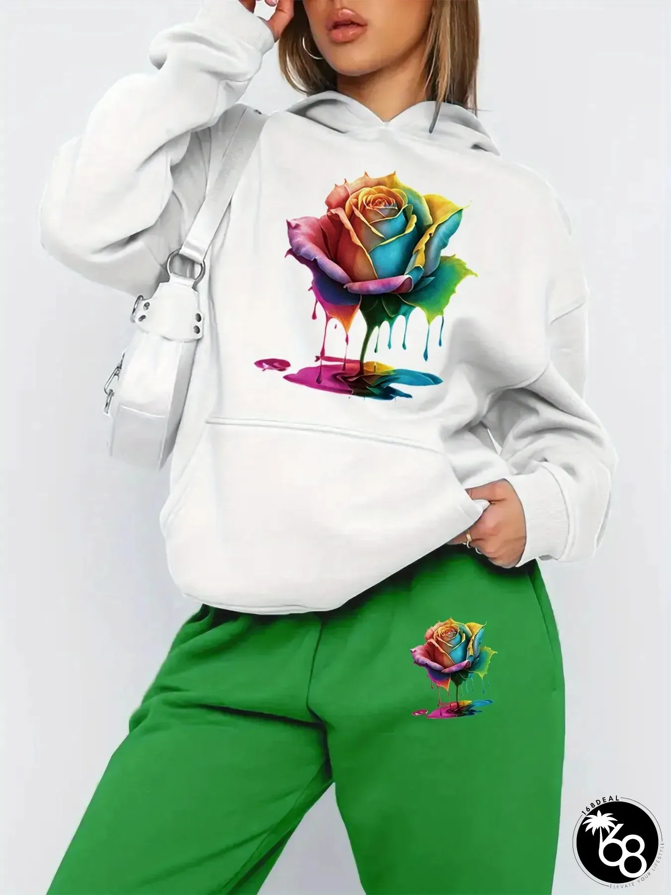 Autumn Winter New Arrival Colorful Rose Pattern Hoodie with Letter Print and Pants Two | 168DEAL