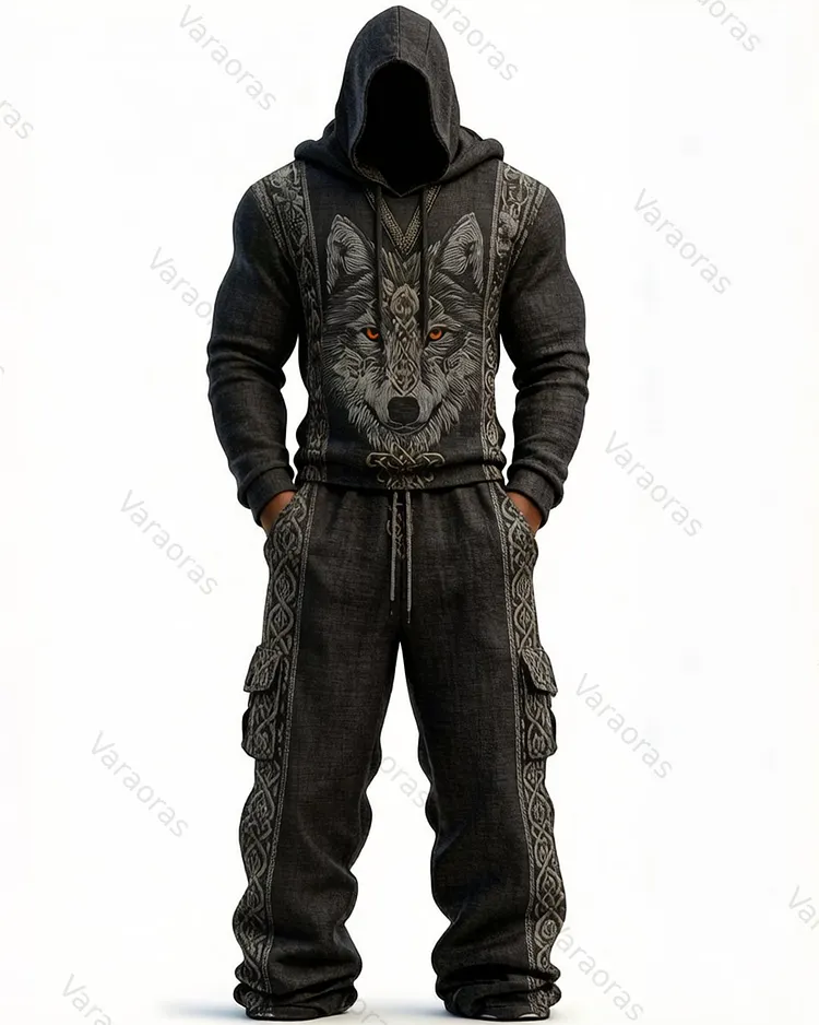 Men's Fashion Viking Contrast Color Embroidered Hoodie & Pants Two-Piece Set 4620