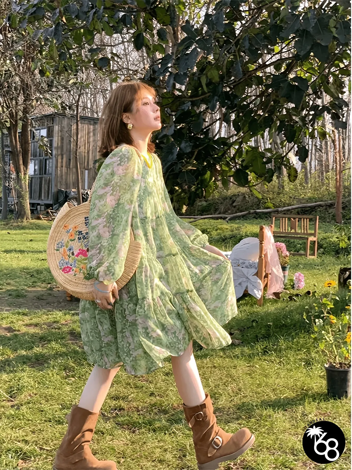 Womens Bohemian Floral Maxi Dress With Smock Neck A-Line Train Semi-Sheer Pastel Green | 168DEAL