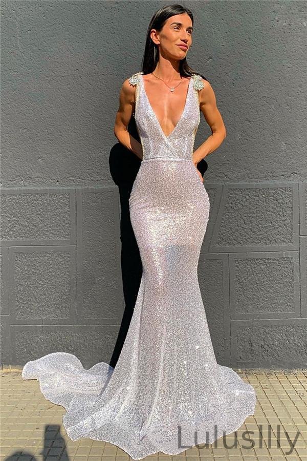 Chic Deep V-Neck Silver Sequins Prom Dress Mermaid Open Back - lulusllly