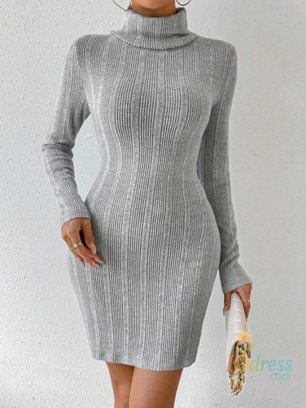 IO Dress Autumn and winter explosive gray turtleneck pitted strip tight knitted dress