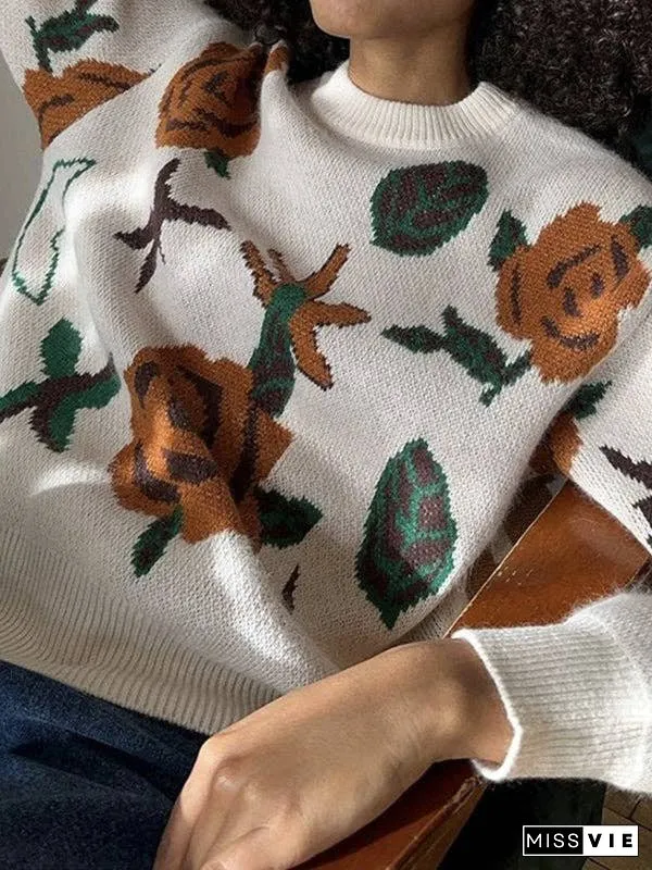 Long Sleeves Loose Flower Print Round-Neck Pullovers Sweater Tops