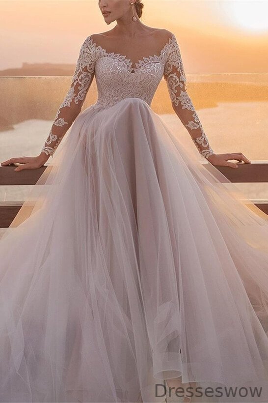 Dresseswow Long Sleeves Scoop Tulle Wedding Dress With Lace