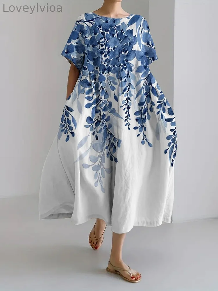 Ladies retro ink painting design printed casual loose dress
