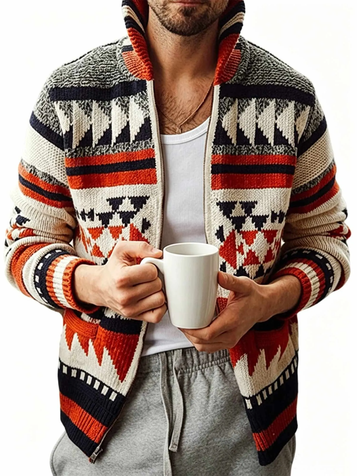 Retro Ethnic Navajo Triangle Pattern Zip Front Rib Collar Knit Sweater Coat