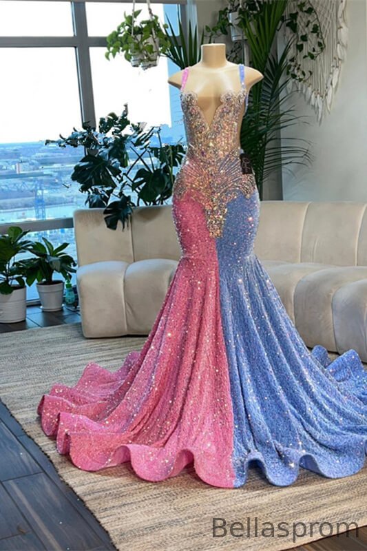 Bellasprom Pink and Blue V-Neck Sleeveless Mermaid Prom Dress With Sequins Beadings Crystals Bellasprom