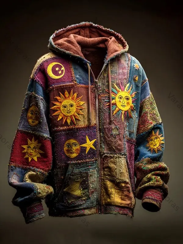 Men's Hippie Sunface Print Hooded Zip Up Jacket 1649