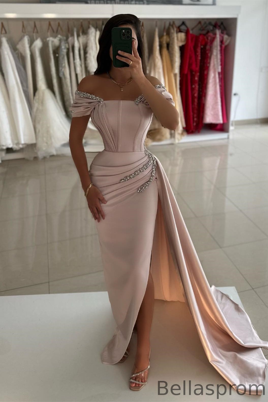 Bellasprom Blushing Pink Off-The-Shoulder Mermaid Prom Dress With Split Ruffles Beads Bellasprom