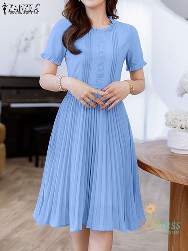 IO Dress 2025 choice Elegant Women Midi Dresses Summer Office Work Dress Short Sleeve O Neck Party Vestidos Pleated Sundress Robe Femme