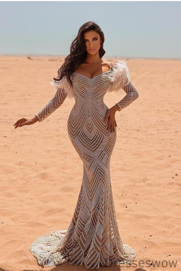 Dresseswow Long Sleeves Mermaid Evening Dress Beadings With Feather
