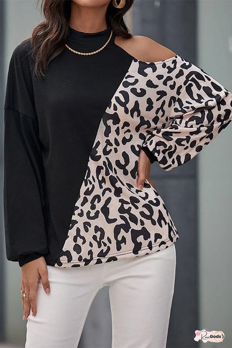 Two-Tone Leopard Cold Shoulder Top