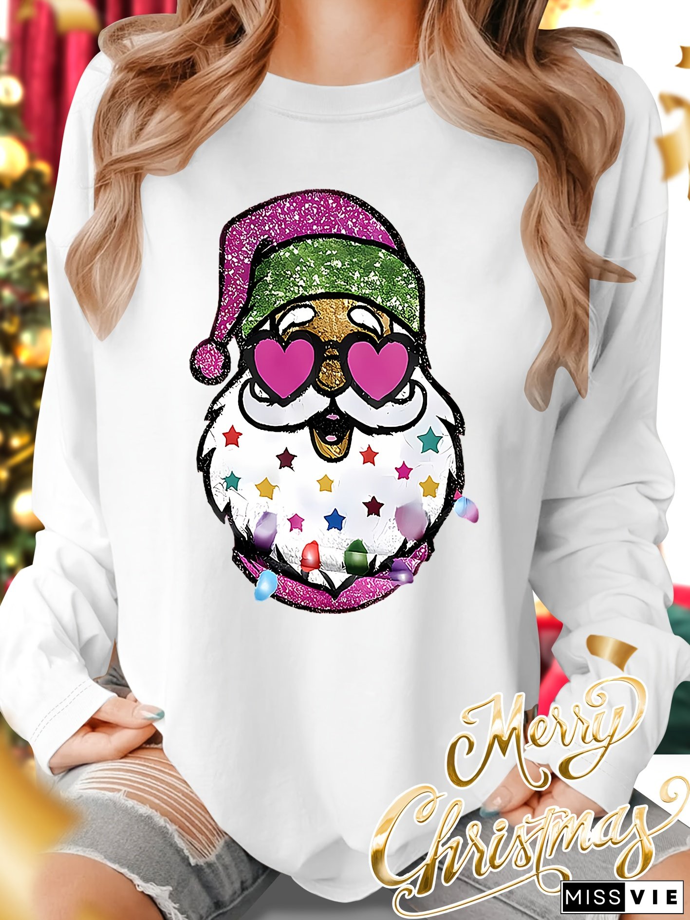 Womens Christmas Santa Claus Graphic T-Shirt Long Sleeve Crew neck Top with Sparkling