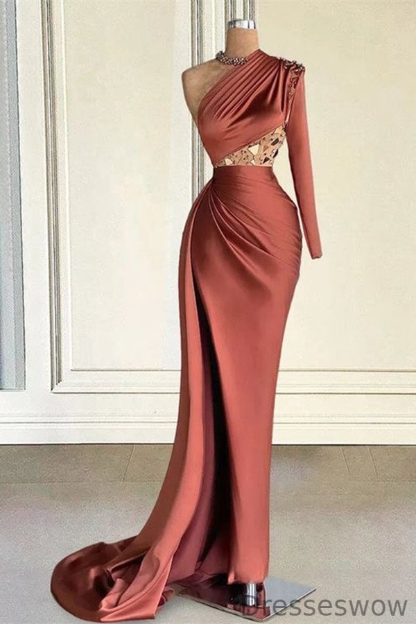 Dresseswow One Shoulder Long Sleeve Evening Dress Beadings Long Mermaid