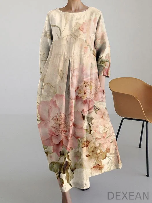 Vintage Chic Floral Long Sleeve Midi Dress